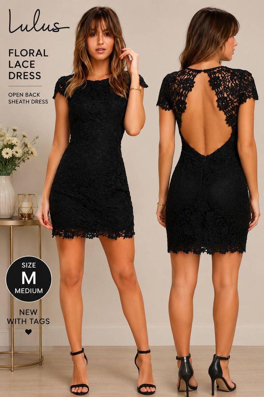 Lulus Black Romance Floral Crochet Lace Open Back Sheath Dress Size M NWT